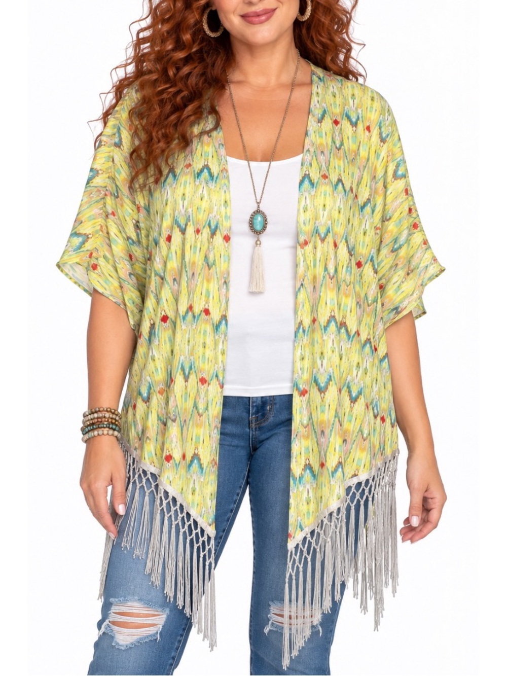 Fever Yellow & Teal Ikat Print Kimono Shawl, size Medium